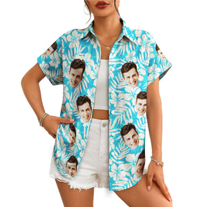 Blue hibiscus palm leaf Hawaiian shirt with custom face print variant 4