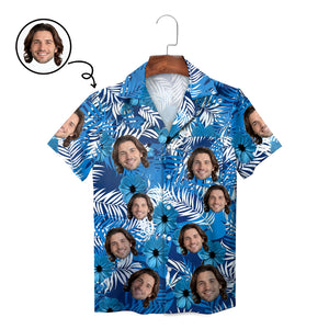 Blue tropical hibiscus Hawaiian shirt with custom face print