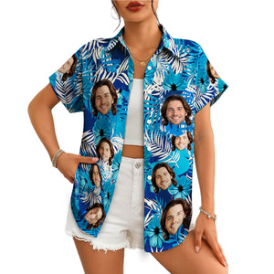 Blue tropical hibiscus Hawaiian shirt with custom face print variant 7