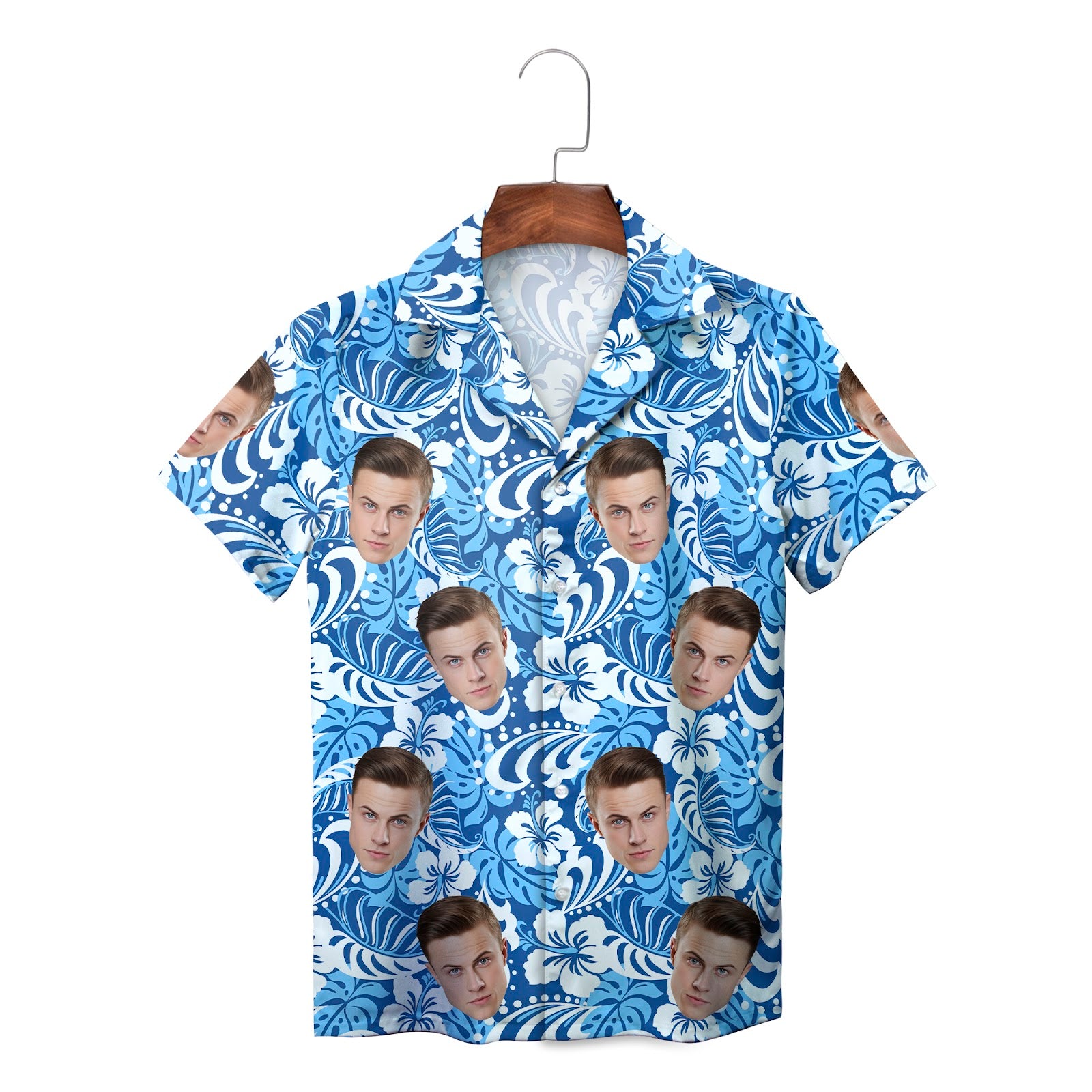 Blue white hibiscus Hawaiian shirt with repeating face cutouts