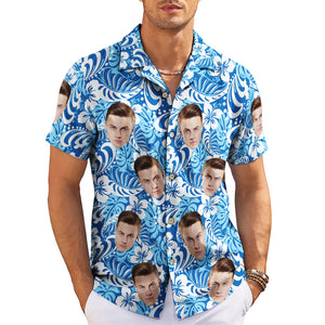Blue white hibiscus Hawaiian shirt with repeating face cutouts variant 3