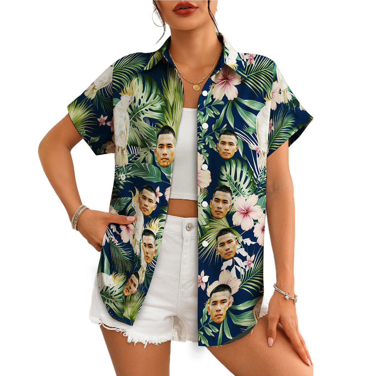 Navy Hawaiian shirt with custom face cockatoos hibiscus print variant 4
