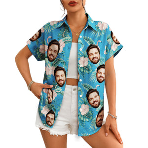 Blue Hawaiian shirt with repeated custom face flamingo print variant 4