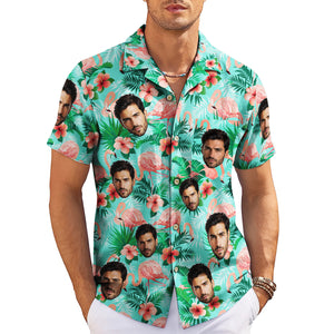 Mint green Hawaiian shirt with custom face flamingos hibiscus variant 4