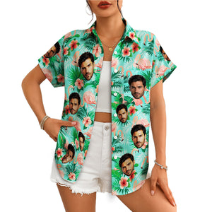 Mint green Hawaiian shirt with custom face flamingos hibiscus variant 5