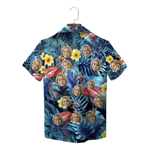 Blue tropical face print Hawaiian shirt with flamingos variant 2