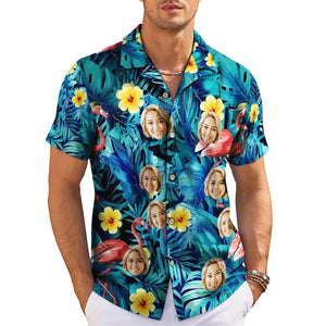 Blue tropical face print Hawaiian shirt with flamingos variant 3