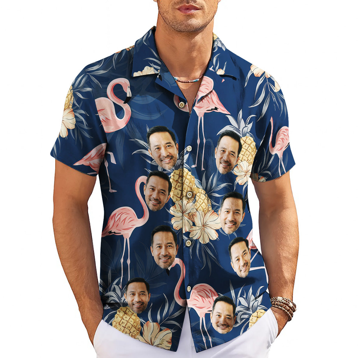 Navy Hawaiian shirt with custom face flamingos pineapples variant 3