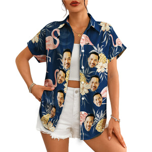 Navy Hawaiian shirt with custom face flamingos pineapples variant 4