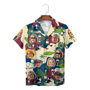 Navy shirt printed with photo faces, wine glasses, golf greens, collies