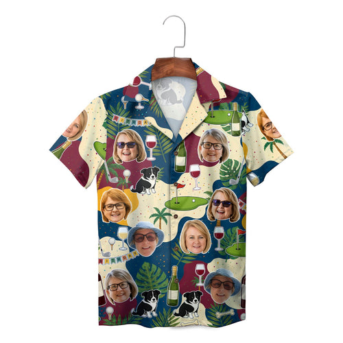 Custom Face Golf Wine Border Collie Birthday Hawaiian Shirt