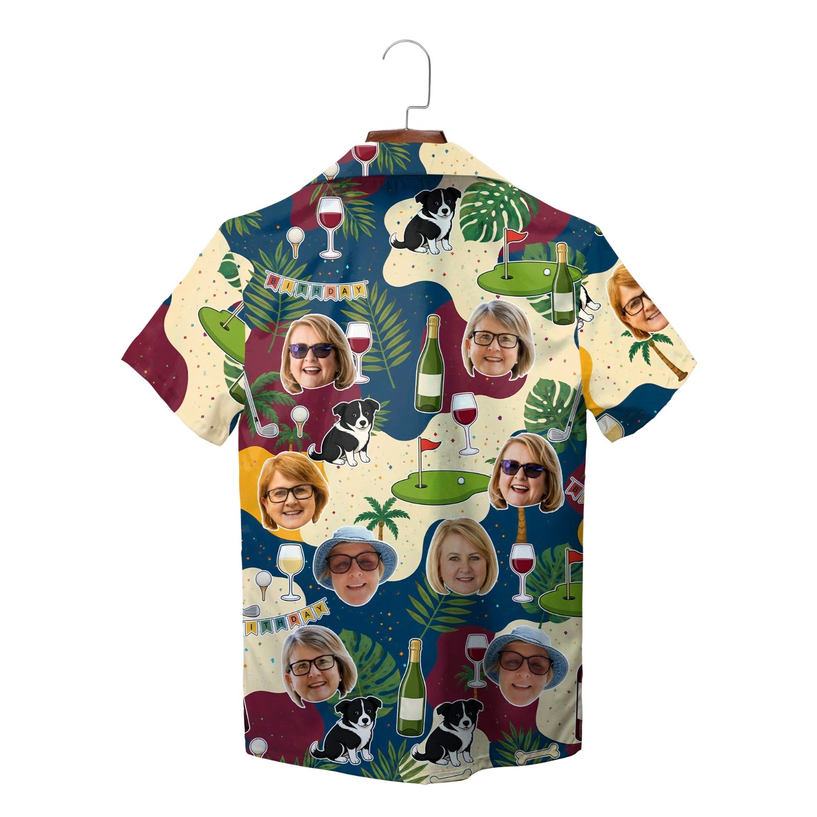 Navy shirt printed with photo faces, wine glasses, golf greens, collies variant 2