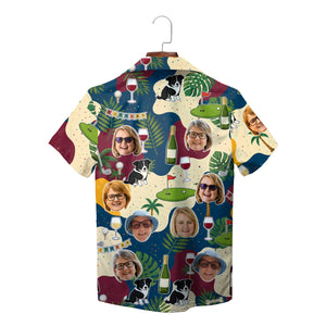 Navy shirt printed with photo faces, wine glasses, golf greens, collies variant 2