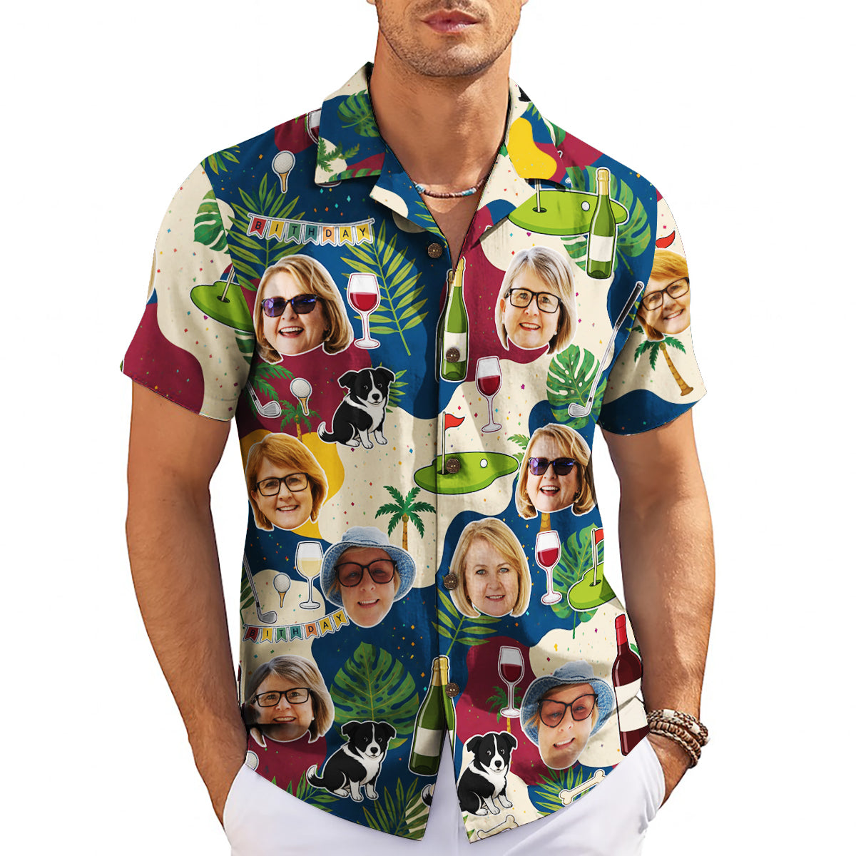Navy shirt printed with photo faces, wine glasses, golf greens, collies variant 3