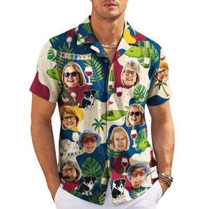 Navy shirt printed with photo faces, wine glasses, golf greens, collies variant 3