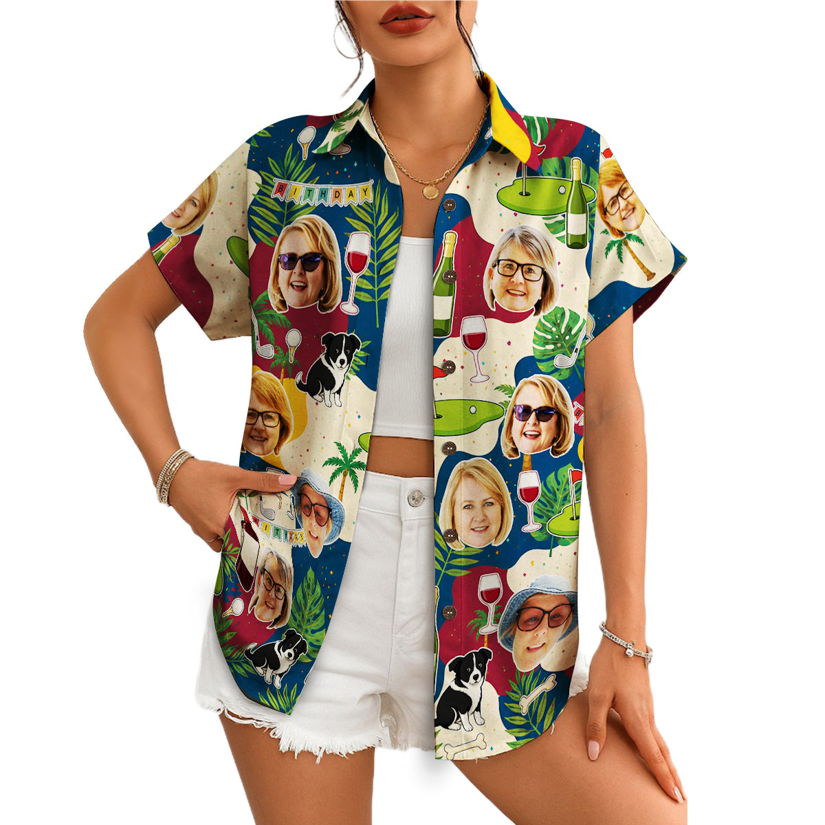 Navy shirt printed with photo faces, wine glasses, golf greens, collies variant 4