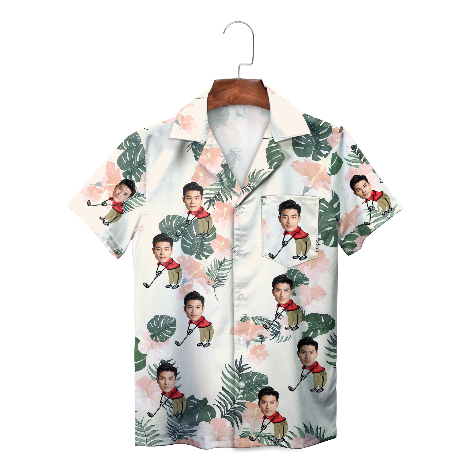 Custom face golfer cartoon monstera hibiscus Hawaiian shirt