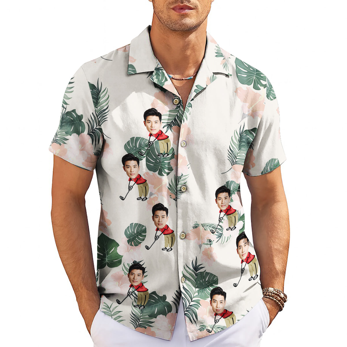 Custom face golfer cartoon monstera hibiscus Hawaiian shirt variant 3