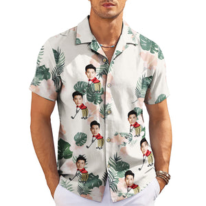 Custom face golfer cartoon monstera hibiscus Hawaiian shirt variant 3
