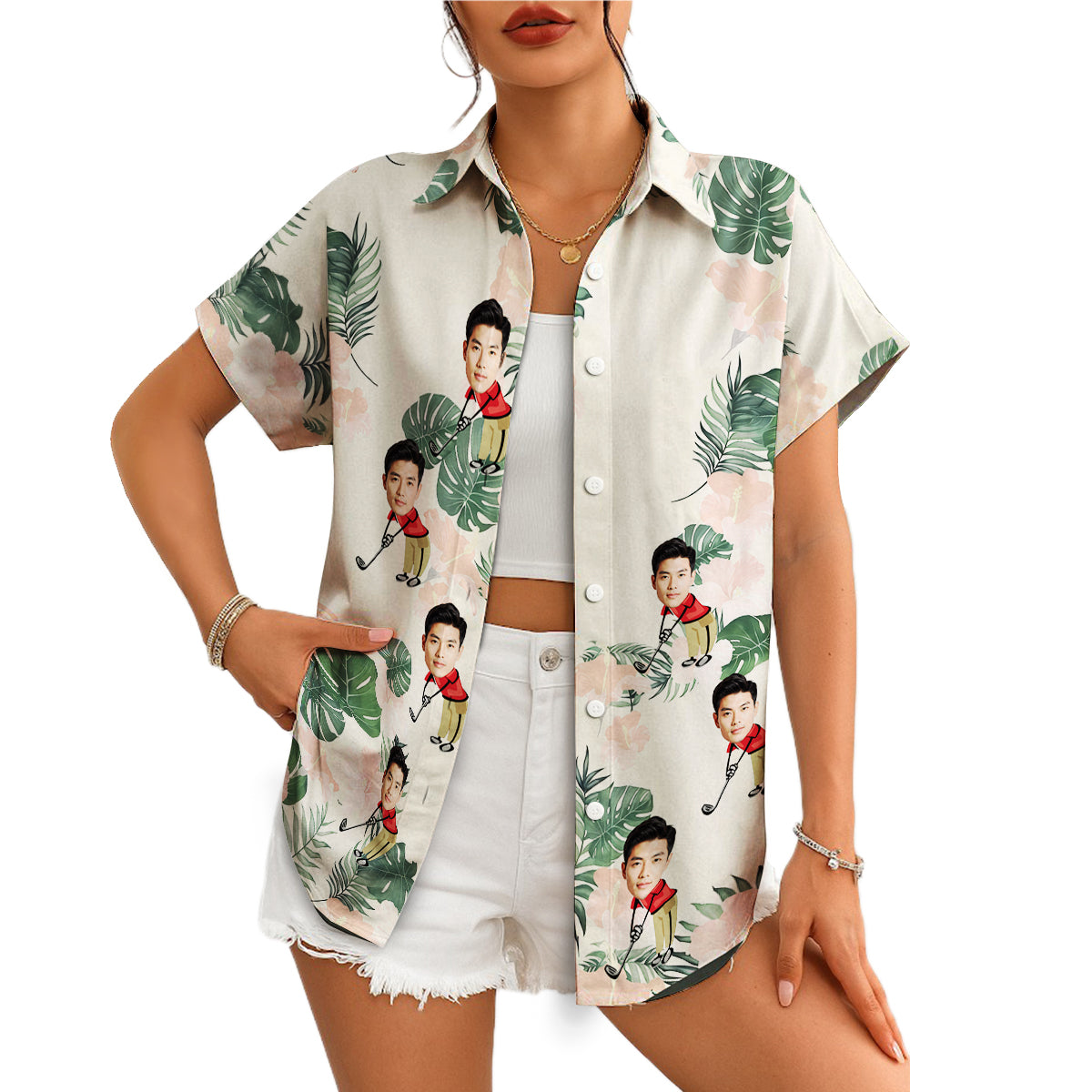 Custom face golfer cartoon monstera hibiscus Hawaiian shirt variant 4