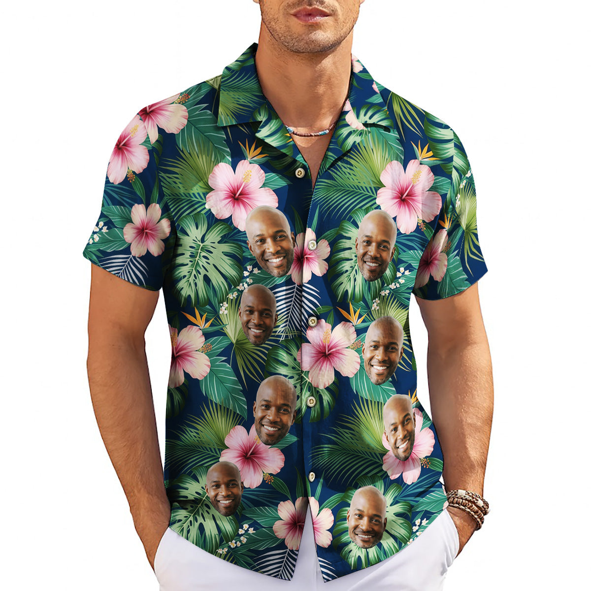 Navy Hawaiian shirt with pink hibiscus and custom face print variant 3