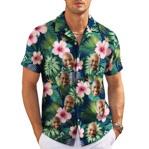 Navy Hawaiian shirt with pink hibiscus and custom face print variant 3
