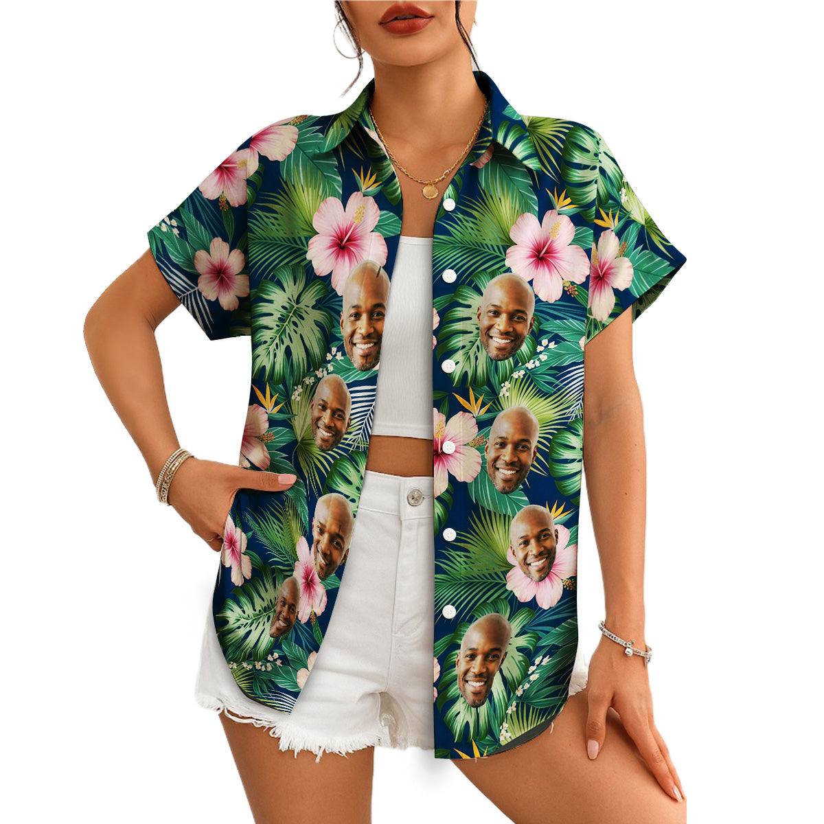 Navy Hawaiian shirt with pink hibiscus and custom face print variant 4