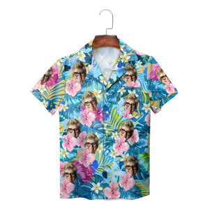 Tropical Hawaiian shirt with repeated face photo hibiscus print variant 2