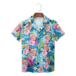 Tropical Hawaiian shirt with repeated face photo hibiscus print variant 3