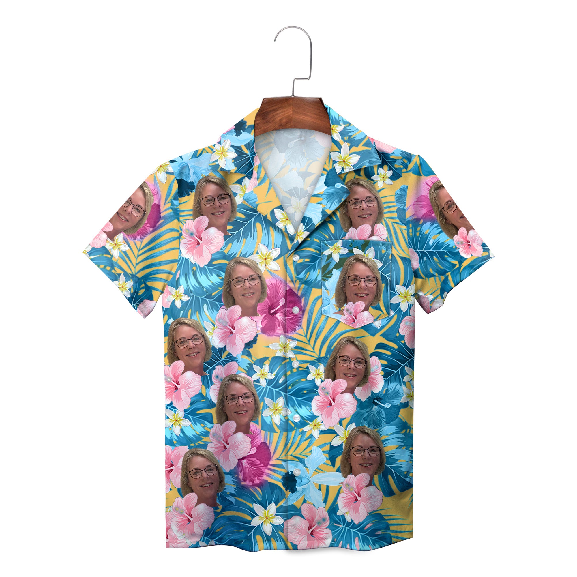 Tropical Hawaiian shirt with repeated face photo hibiscus print variant 4