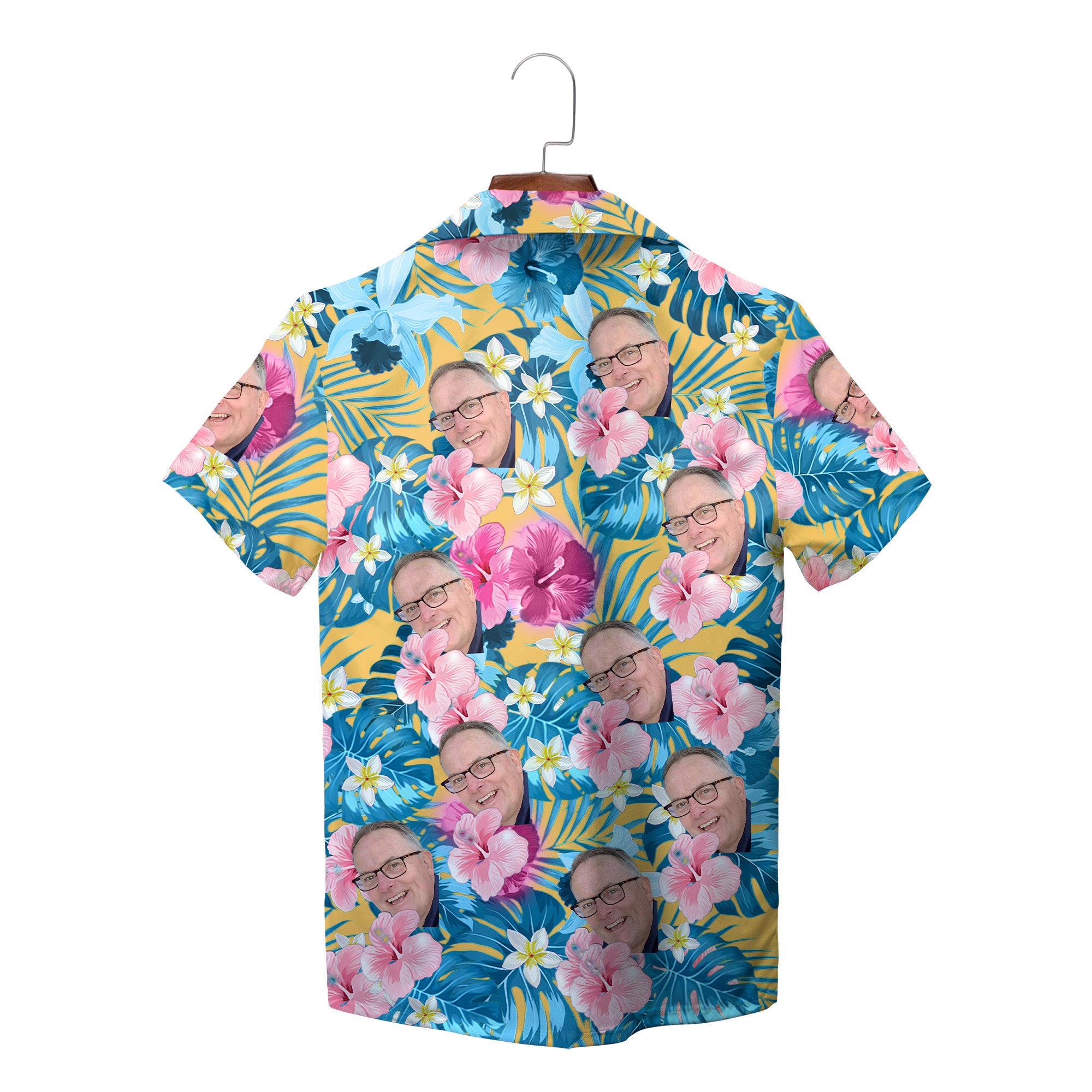 Tropical Hawaiian shirt with repeated face photo hibiscus print variant 7