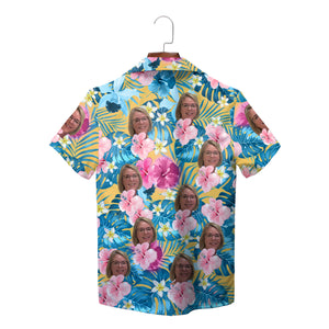 Tropical Hawaiian shirt with repeated face photo hibiscus print variant 8