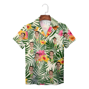 Tropical hibiscus palm leaf Hawaiian shirt with custom face hula dancers