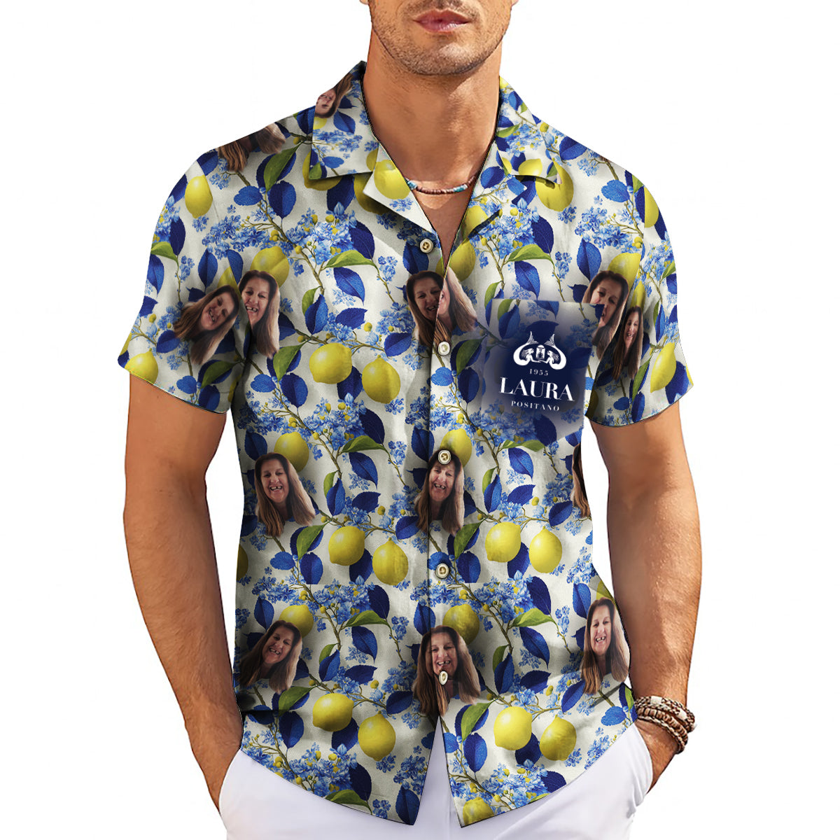 Lemon navy leaf pattern Hawaiian shirt with custom face photo variant 3