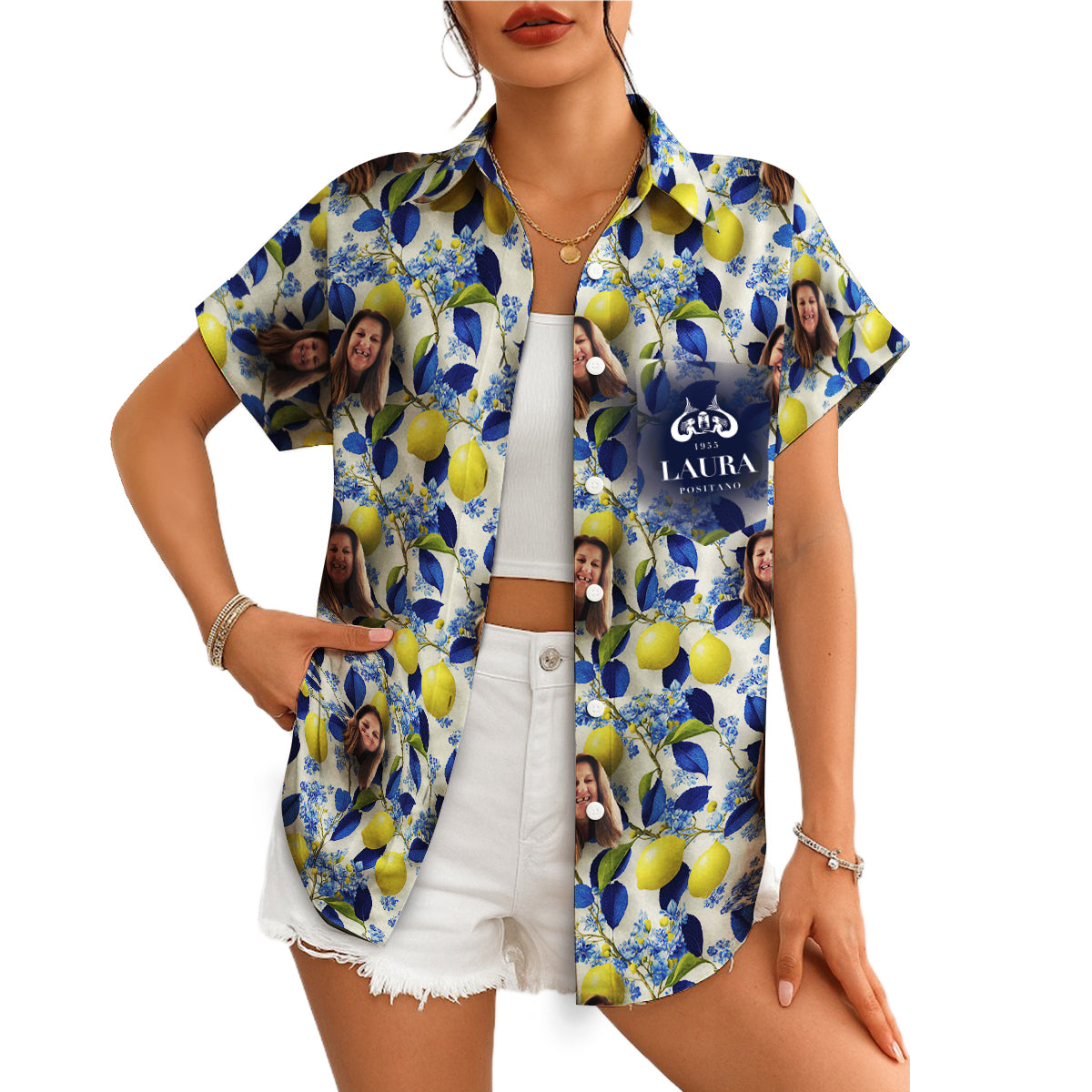 Lemon navy leaf pattern Hawaiian shirt with custom face photo variant 4