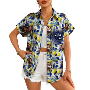 Lemon navy leaf pattern Hawaiian shirt with custom face photo variant 4