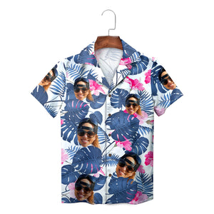 Aloha shirt showing blue palm fronds pink blooms custom faces