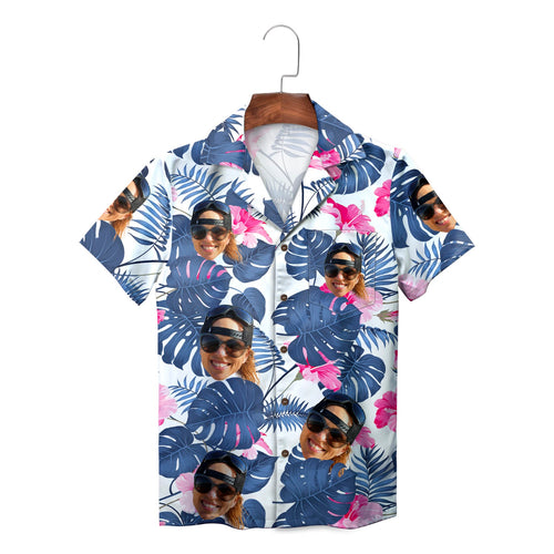 Custom Face Navy Blue Monstera Pink Hibiscus Hawaiian Shirt