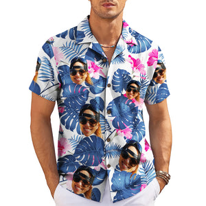 Aloha shirt showing blue palm fronds pink blooms custom faces variant 3