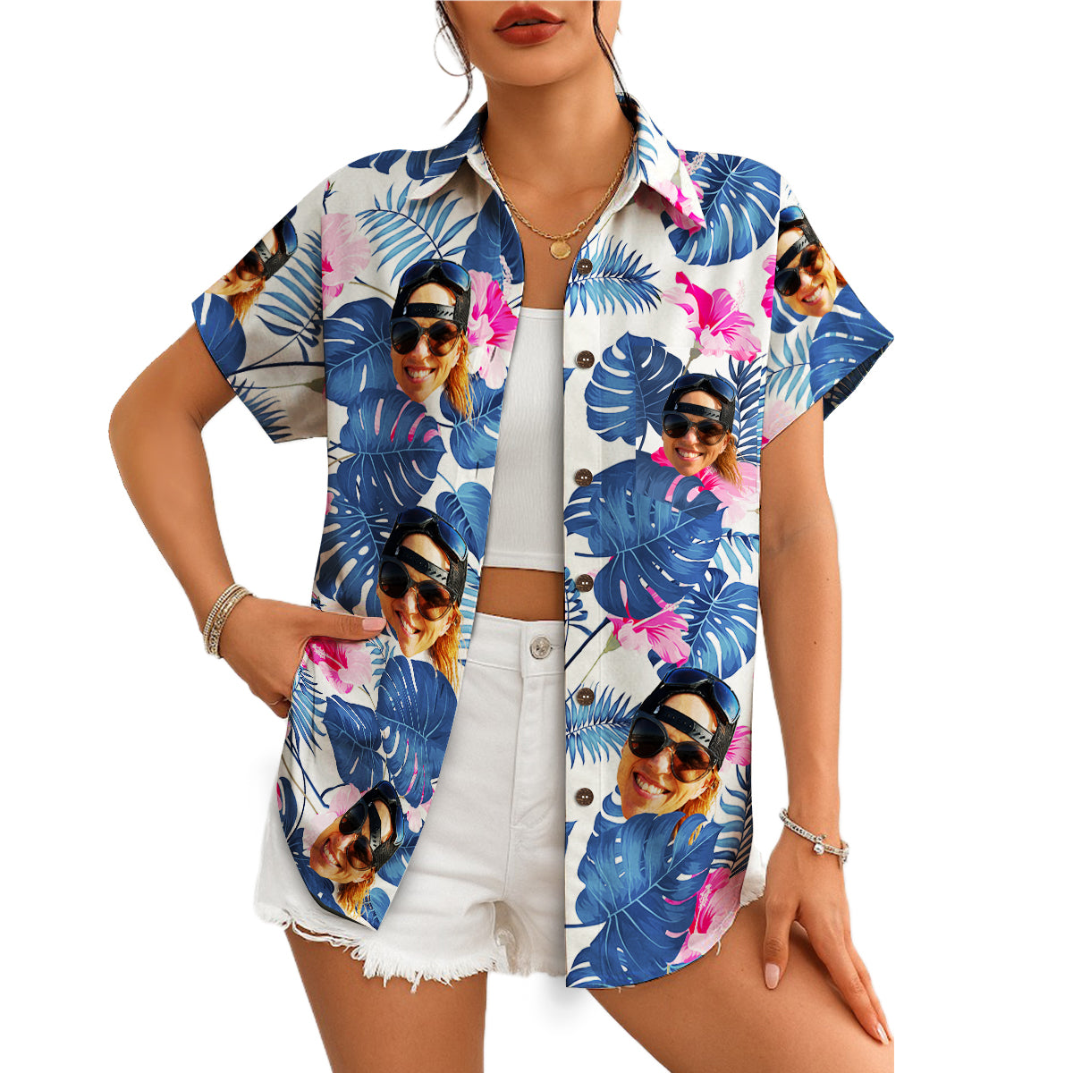 Aloha shirt showing blue palm fronds pink blooms custom faces variant 4