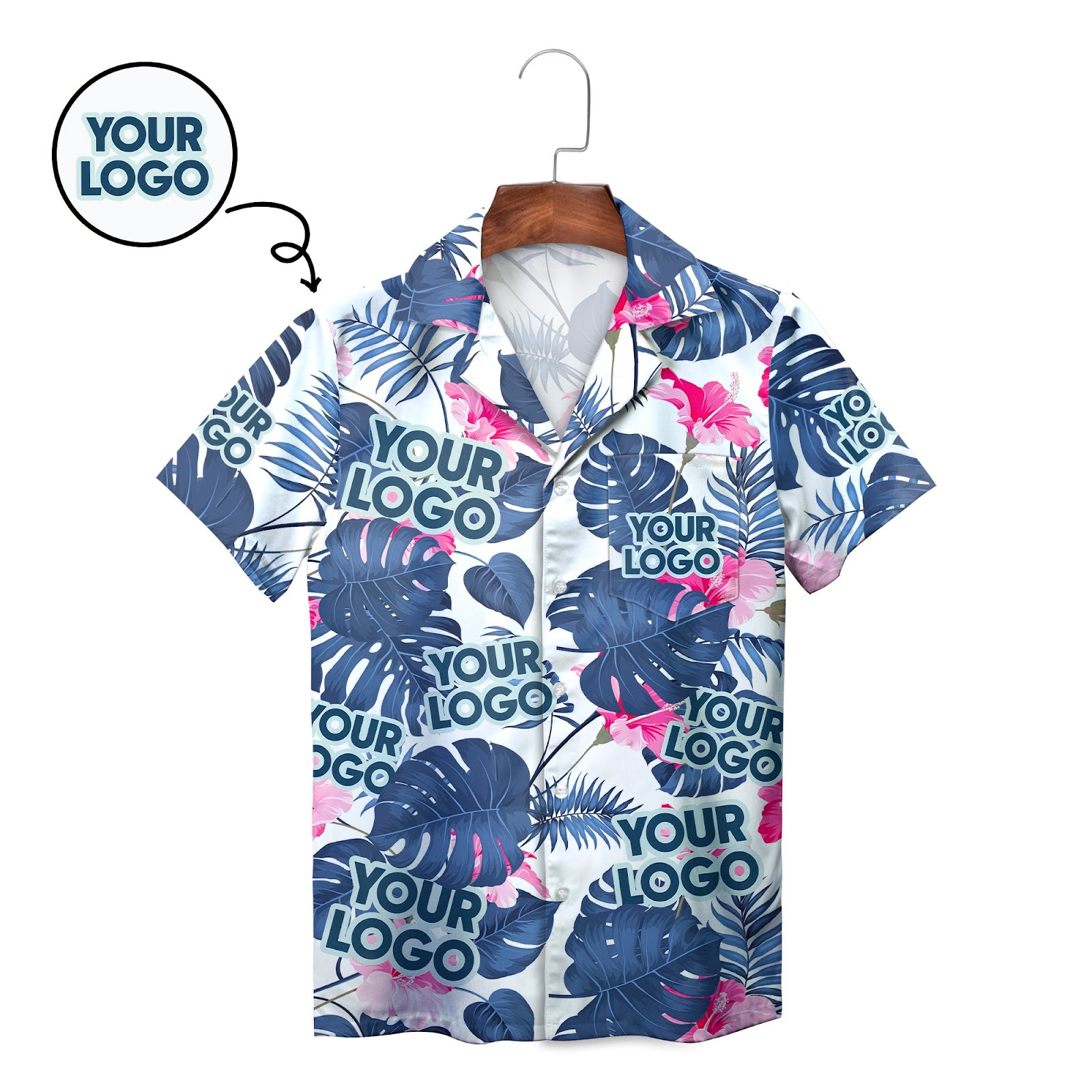 Custom face Hawaiian shirt navy monstera pink hibiscus print variant 2