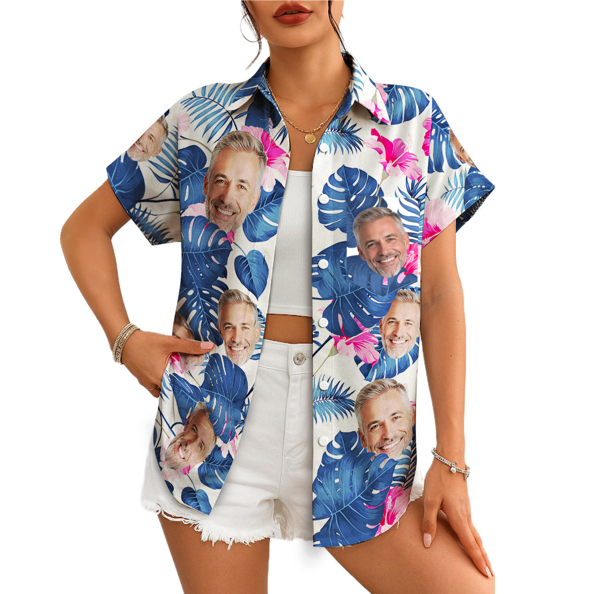 Custom face Hawaiian shirt navy monstera pink hibiscus print variant 5