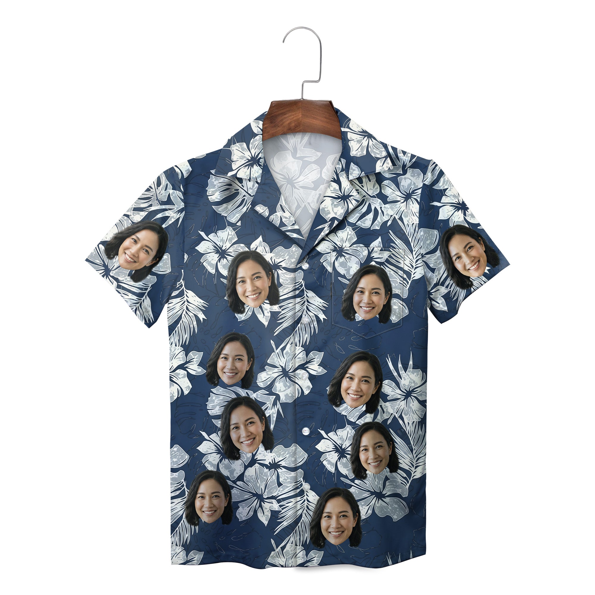 Navy hibiscus palm leaf Hawaiian shirt with custom face print