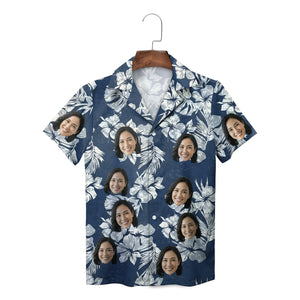 Navy hibiscus palm leaf Hawaiian shirt with custom face print