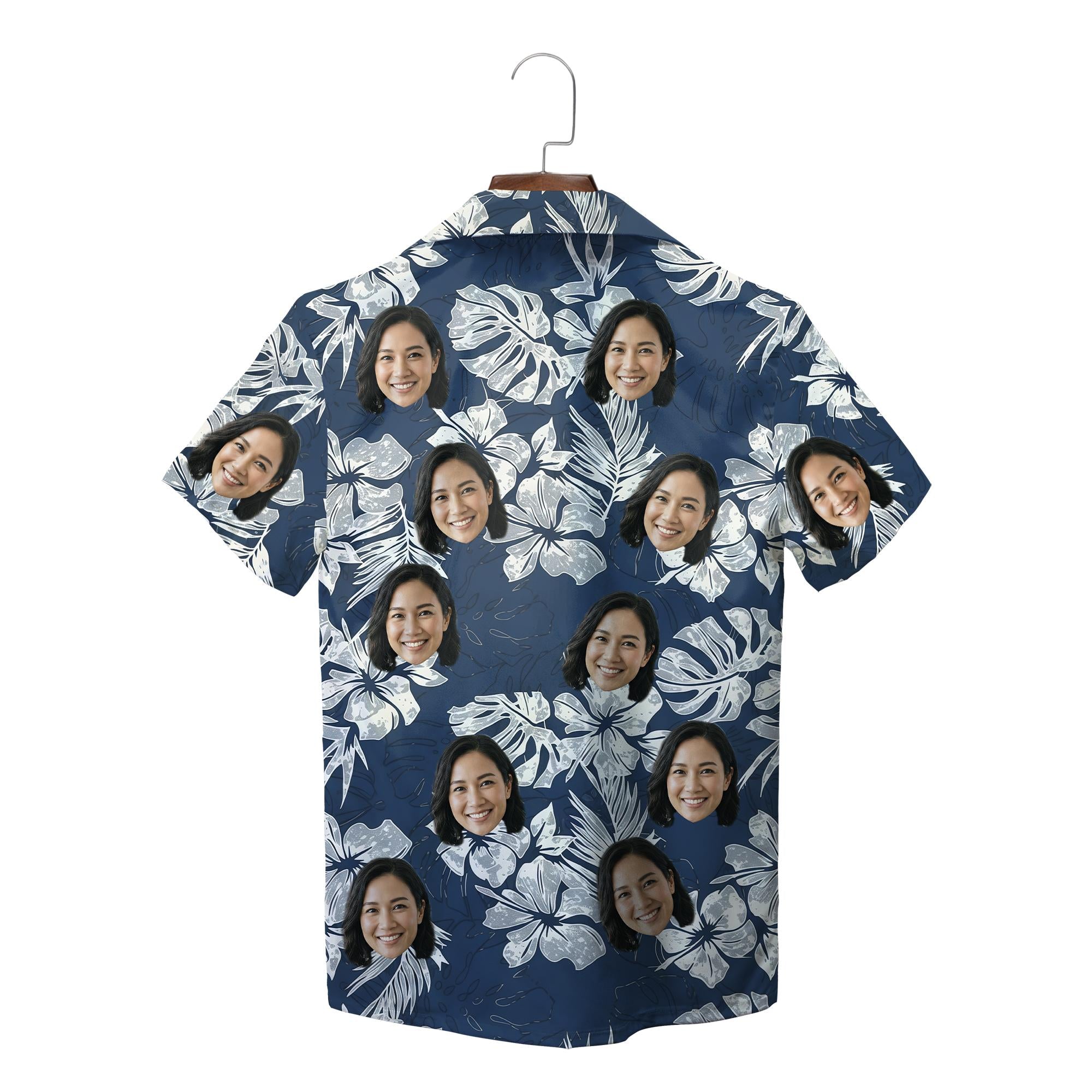 Navy hibiscus palm leaf Hawaiian shirt with custom face print variant 2