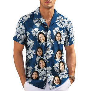 Navy hibiscus palm leaf Hawaiian shirt with custom face print variant 3