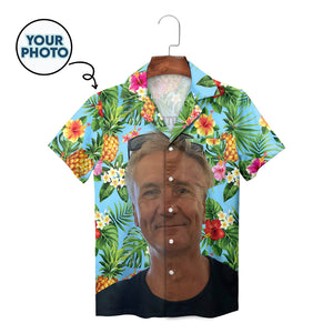 Blue tropical Hawaiian shirt with face photo pineapple floral