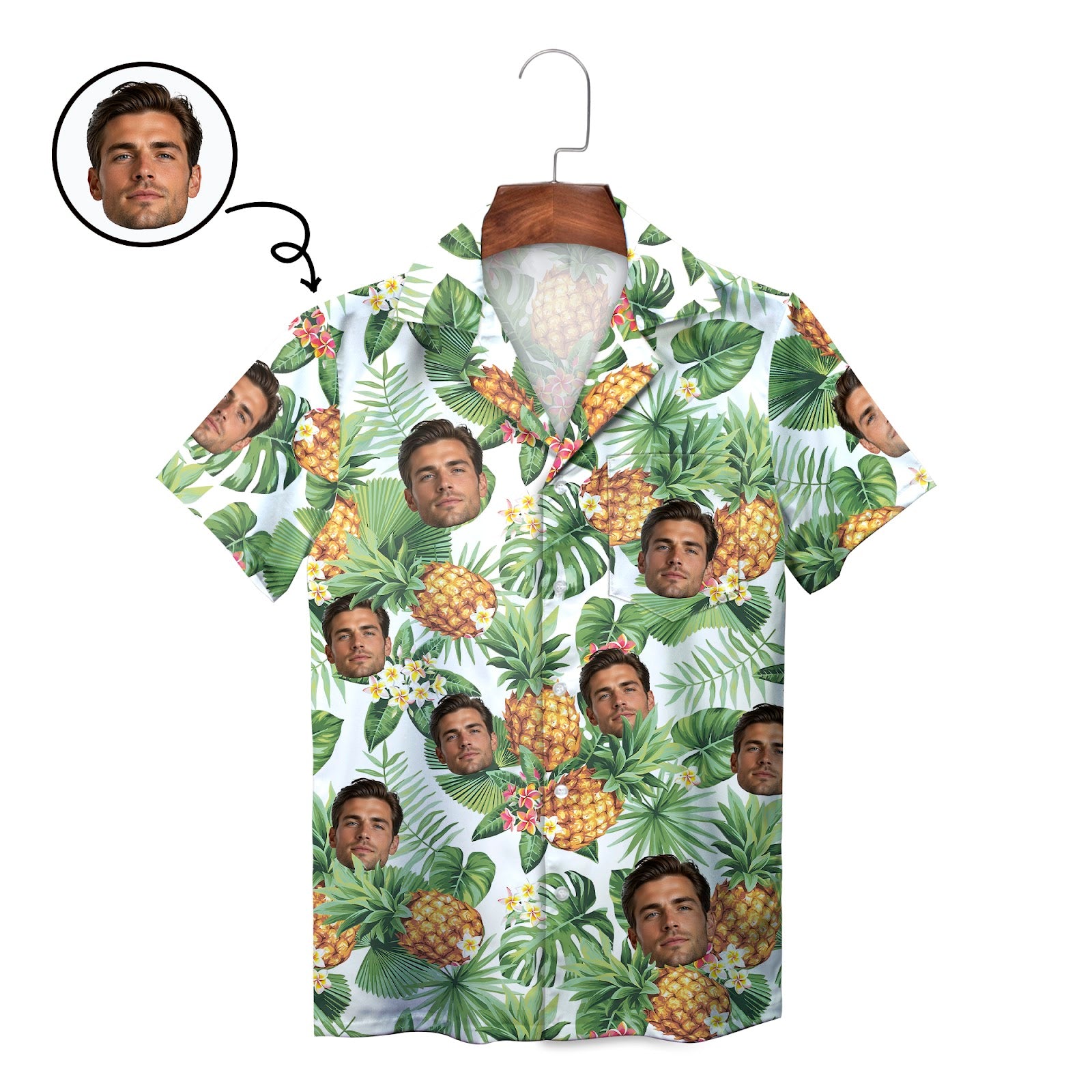 Custom face photo pineapple palm leaf Hawaiian shirt on hanger