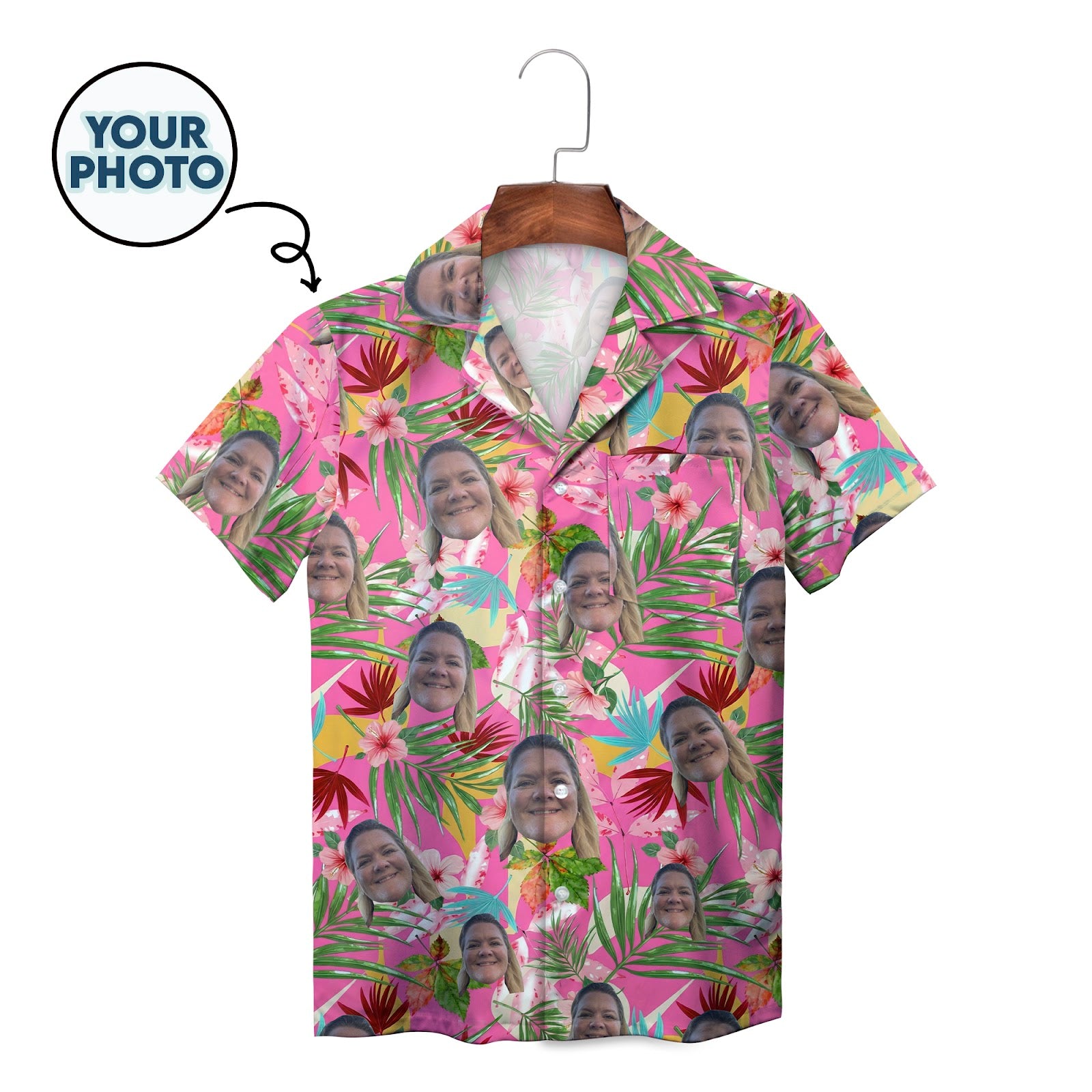Pink tropical face photo repeat pattern button up shirt
