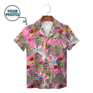 Pink tropical face photo repeat pattern button up shirt